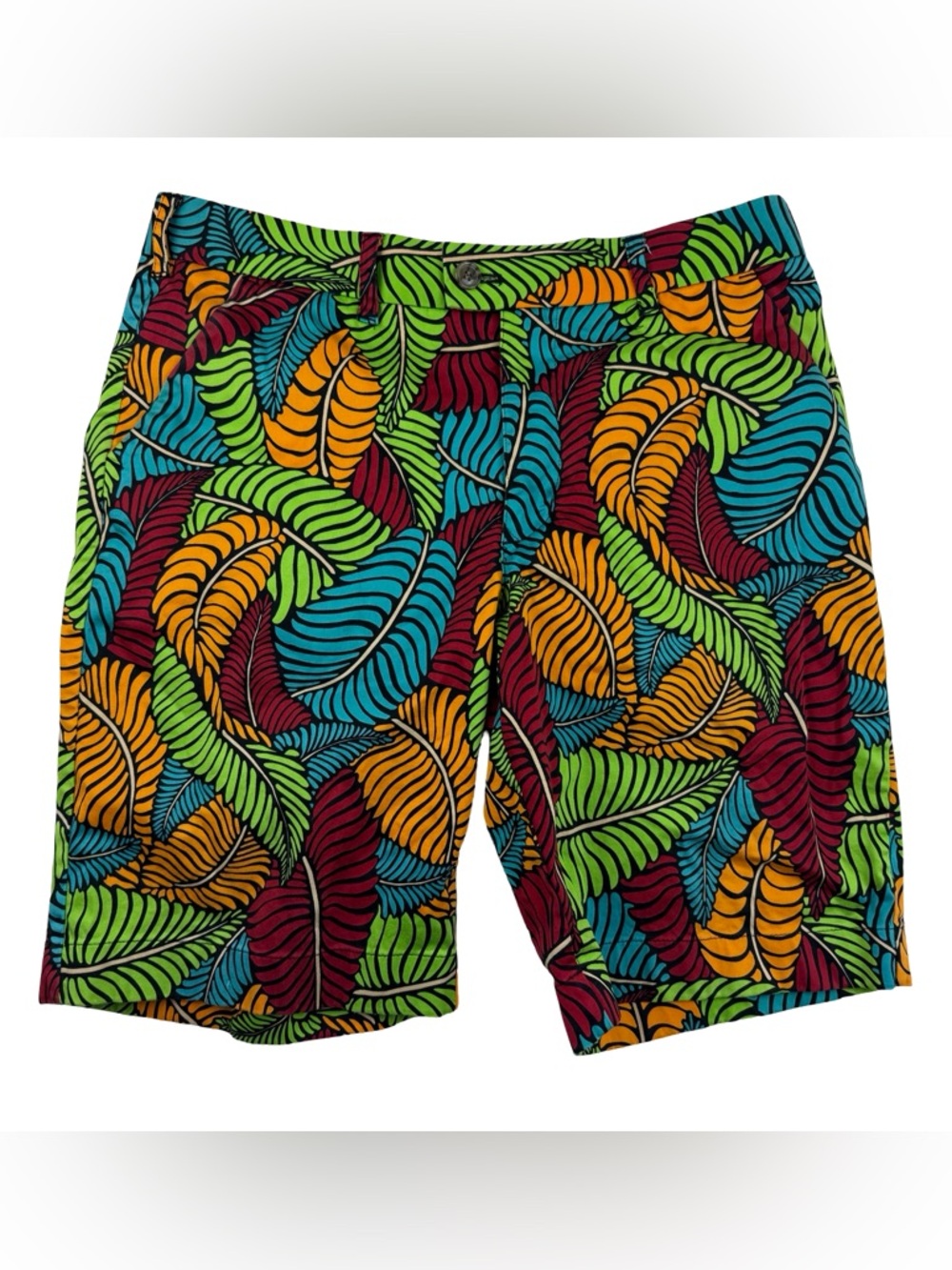 Loudmouth Golf Men’s Fronds Klammer Shorts 34 Blue Green Multi Palm Leaf